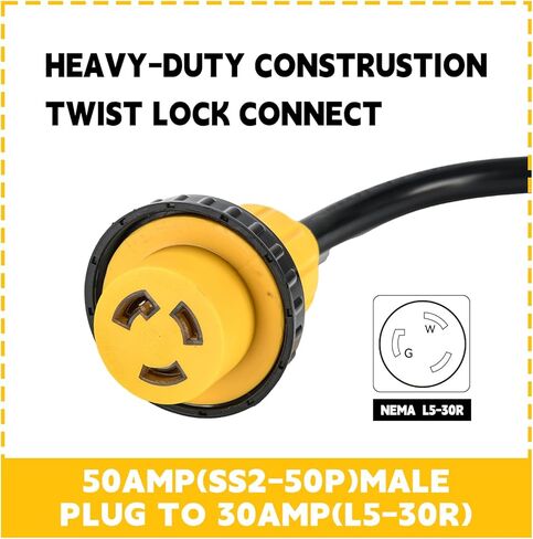 Marine Shore Power Adapter Cord, 50 Amp to 30 Amp, SS2-50P to L5-30R Twist Lock, 1.5 Ft Heavy Duty Copper Cable, ETL Listed for Boat, RV, Generator in Saudi Arabia