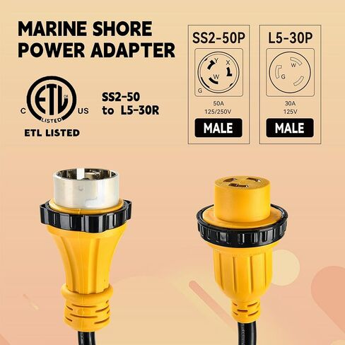 Marine Shore Power Adapter Cord, 50 Amp to 30 Amp, SS2-50P to L5-30R Twist Lock, 1.5 Ft Heavy Duty Copper Cable, ETL Listed for Boat, RV, Generator in Saudi Arabia