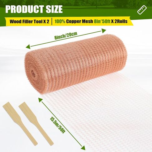 شبكة نحاسية مقاس 8 بوصات × 100 قدم، شبكة سلكية نقية بطبقة مزدوجة، حشو فتحات DIY مقاوم للصدأ، صوف نحاسي مع عبوتين من عصا الخشب، للمنازل والحدائق وإغلاق فتحة المياه وDIY (2 لفة (8 بوصة × 50 قدمًا)) in Kuwait