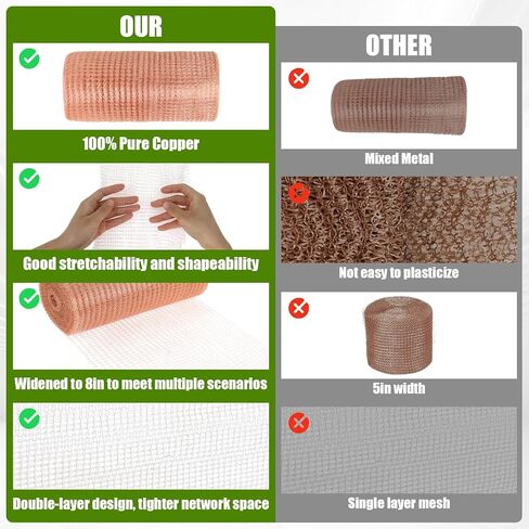 شبكة نحاسية مقاس 8 بوصات × 100 قدم، شبكة سلكية نقية بطبقة مزدوجة، حشو فتحات DIY مقاوم للصدأ، صوف نحاسي مع عبوتين من عصا الخشب، للمنازل والحدائق وإغلاق فتحة المياه وDIY (2 لفة (8 بوصة × 50 قدمًا)) in Kuwait