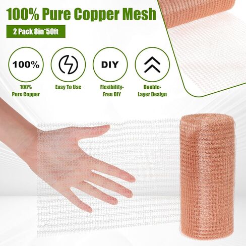 شبكة نحاسية مقاس 8 بوصات × 100 قدم، شبكة سلكية نقية بطبقة مزدوجة، حشو فتحات DIY مقاوم للصدأ، صوف نحاسي مع عبوتين من عصا الخشب، للمنازل والحدائق وإغلاق فتحة المياه وDIY (2 لفة (8 بوصة × 50 قدمًا)) in Kuwait