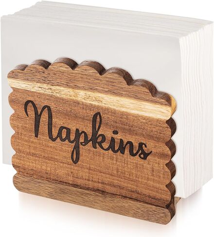 Acacia Wood Napkin Holder Scalloped Upright Napkin Dispenser for Table Rustic Cute Guest Paper Holder for Kitchen Dining Room Wedding Party Restaurant Hotel(No Text,Dark Brown) in Saudi Arabia