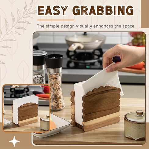 Acacia Wood Napkin Holder Scalloped Upright Napkin Dispenser for Table Rustic Cute Guest Paper Holder for Kitchen Dining Room Wedding Party Restaurant Hotel(No Text,Dark Brown) in Saudi Arabia