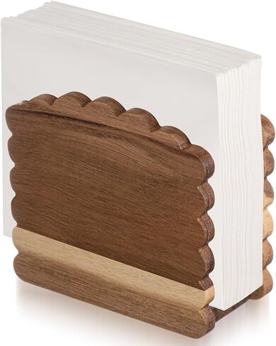 Acacia Wood Napkin Holder Scalloped Upright Napkin Dispenser for Table Rustic Cute Guest Paper Holder for Kitchen Dining Room Wedding Party Restaurant Hotel(No Text,Dark Brown) in Saudi Arabia