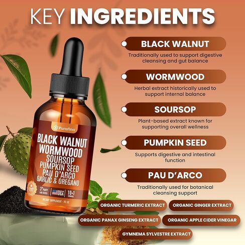 Wormwood Black Walnut Clove Cleanse Liquid Drops with SourSop, Pumpkin Seed, Pau D’Arco, Garlic & Oil of Oregano, Hull Extract Herb Tincture Drops For Humans 98% Absorption Gut Digestive Health (2oz) in Kuwait