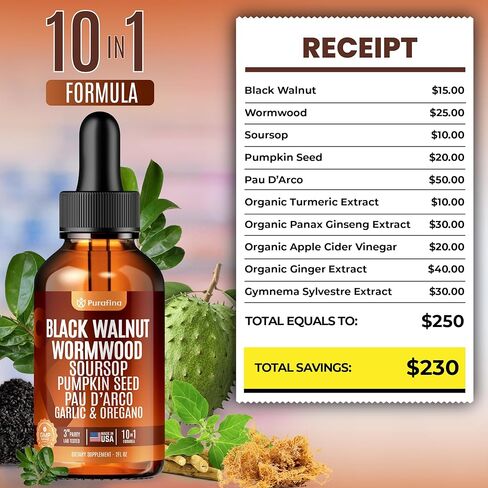 Wormwood Black Walnut Clove Cleanse Liquid Drops with SourSop, Pumpkin Seed, Pau D’Arco, Garlic & Oil of Oregano, Hull Extract Herb Tincture Drops For Humans 98% Absorption Gut Digestive Health (2oz) in Kuwait