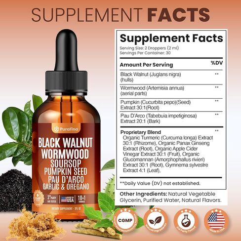 Wormwood Black Walnut Clove Cleanse Liquid Drops with SourSop, Pumpkin Seed, Pau D’Arco, Garlic & Oil of Oregano, Hull Extract Herb Tincture Drops For Humans 98% Absorption Gut Digestive Health (2oz) in Kuwait
