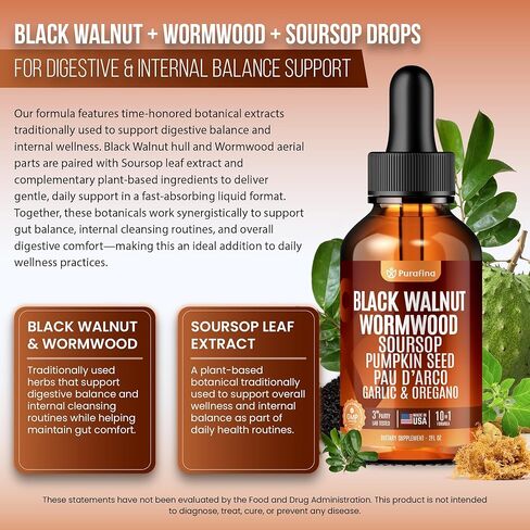 Wormwood Black Walnut Clove Cleanse Liquid Drops with SourSop, Pumpkin Seed, Pau D’Arco, Garlic & Oil of Oregano, Hull Extract Herb Tincture Drops For Humans 98% Absorption Gut Digestive Health (2oz) in Kuwait