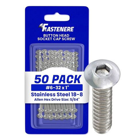 مسامير غطاء مقبس رأس زر Fastenere - 6-32 × 1 (50 حزمة) من الفولاذ المقاوم للصدأ 18-8، خيط كامل، لمسة نهائية ساطعة، مقاومة للتآكل، خيط الآلة، سهلة التركيب مع محرك مقبس Allen in Saudi Arabia