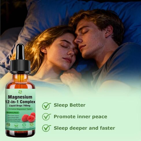 قطرات سائلة من المغنيسيوم 12 في 1 700 مجم، جليسينات المغنيسيوم عالية الامتصاص وسيترات مالات توريت و8 أشكال، مكمل مزيج مركب المغنيسيوم من أجل النوم والطاقة العصبية والعضلات وصحة القلب in Kuwait