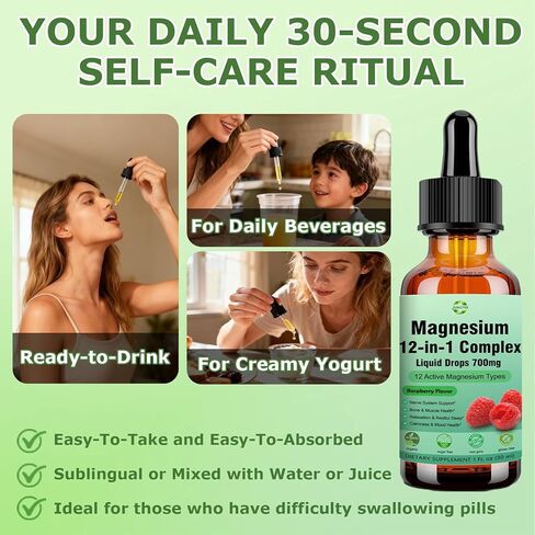 قطرات سائلة من المغنيسيوم 12 في 1 700 مجم، جليسينات المغنيسيوم عالية الامتصاص وسيترات مالات توريت و8 أشكال، مكمل مزيج مركب المغنيسيوم من أجل النوم والطاقة العصبية والعضلات وصحة القلب in Kuwait