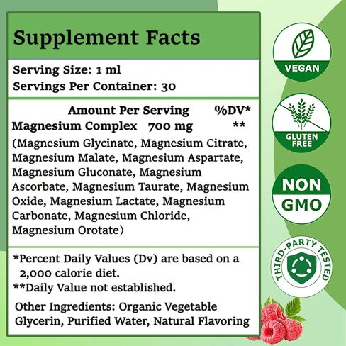 قطرات سائلة من المغنيسيوم 12 في 1 700 مجم، جليسينات المغنيسيوم عالية الامتصاص وسيترات مالات توريت و8 أشكال، مكمل مزيج مركب المغنيسيوم من أجل النوم والطاقة العصبية والعضلات وصحة القلب in Kuwait