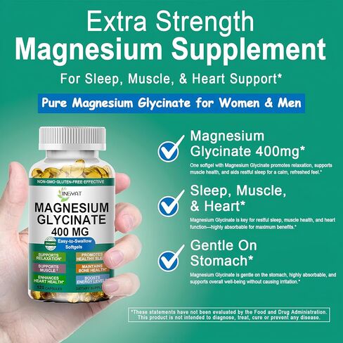 Magnesium Glycinate Softgels - High Absorption Pure Magnesium Glycinate 400mg for Sleep, Calm, Muscle Relaxation, Heart, Bone & Nerve Support for Women & Men - 100% Chelated & Purified Supplement in Saudi Arabia