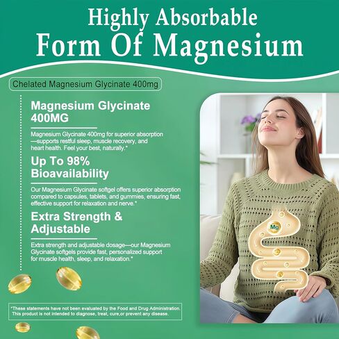 Magnesium Glycinate Softgels - High Absorption Pure Magnesium Glycinate 400mg for Sleep, Calm, Muscle Relaxation, Heart, Bone & Nerve Support for Women & Men - 100% Chelated & Purified Supplement in Saudi Arabia