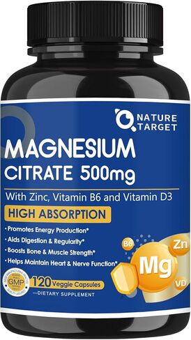 NATURE TARGET Magnesium Citrate 500mg with Zinc & Vitamin D for Muscle, Nerve, Bone & Heart Health, High Absorption Magnesium Supplement, Easy to Swallow Magnesium Capsule for Women & Men, 120 VegCaps in Saudi Arabia
