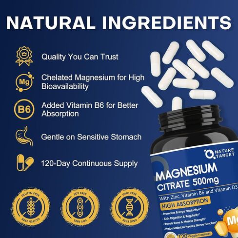 NATURE TARGET Magnesium Citrate 500mg with Zinc & Vitamin D for Muscle, Nerve, Bone & Heart Health, High Absorption Magnesium Supplement, Easy to Swallow Magnesium Capsule for Women & Men, 120 VegCaps in Saudi Arabia