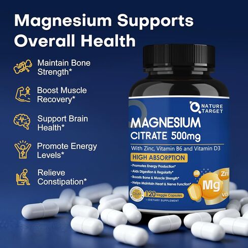 NATURE TARGET Magnesium Citrate 500mg with Zinc & Vitamin D for Muscle, Nerve, Bone & Heart Health, High Absorption Magnesium Supplement, Easy to Swallow Magnesium Capsule for Women & Men, 120 VegCaps in Saudi Arabia