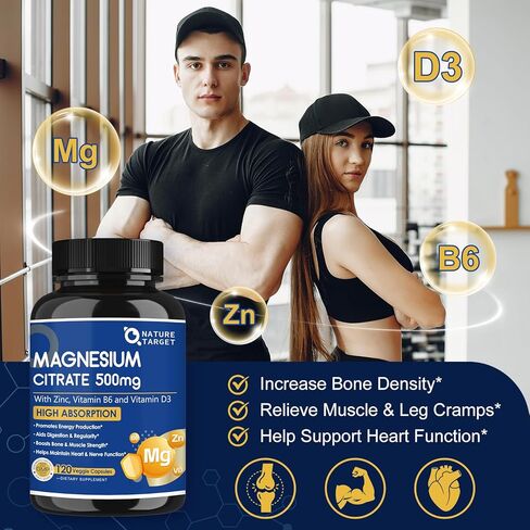 NATURE TARGET Magnesium Citrate 500mg with Zinc & Vitamin D for Muscle, Nerve, Bone & Heart Health, High Absorption Magnesium Supplement, Easy to Swallow Magnesium Capsule for Women & Men, 120 VegCaps in Saudi Arabia