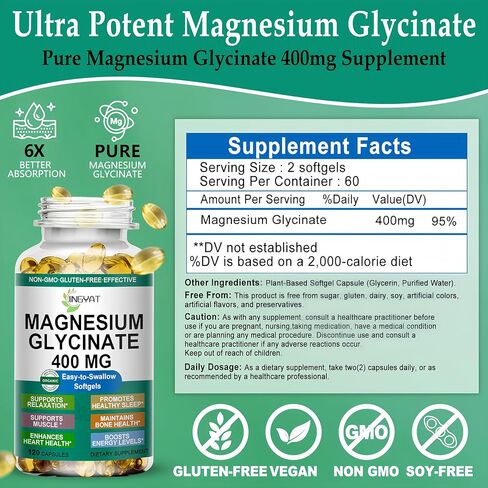 Magnesium Glycinate Softgels - High Absorption Pure Magnesium Glycinate 400mg for Sleep, Calm, Muscle Relaxation, Heart, Bone & Nerve Support for Women & Men - 100% Chelated & Purified Supplement in Saudi Arabia