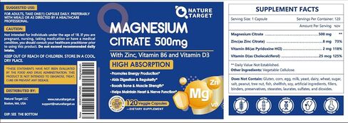 NATURE TARGET Magnesium Citrate 500mg with Zinc & Vitamin D for Muscle, Nerve, Bone & Heart Health, High Absorption Magnesium Supplement, Easy to Swallow Magnesium Capsule for Women & Men, 120 VegCaps in Saudi Arabia