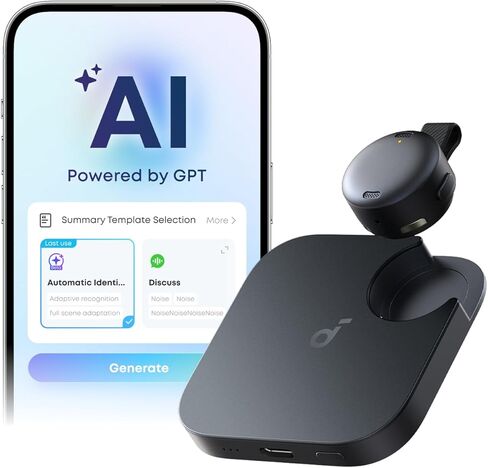 soundcore Work by Anker، مسجل صوت AI محمول، نسخ وتلخيص AI، 6 أشهر احترافية بدون أي تكلفة، ملخص الاجتماعات المتقاطعة، النقر المزدوج للتمييز، معتمد من MFi، حماية الخصوصية (أسود) in Kuwait