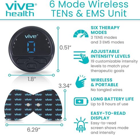 وحدة عشرات لاسلكية من Vive ذات 6 أوضاع - محفز للعضلات لعلاج تخفيف الألم واستعادة العضلات - آلة محمولة لاسلكية للعشرات وEMS مع وسادتين كهربائيتين وشاشة LED وكثافات قابلة للتعديل in Kuwait