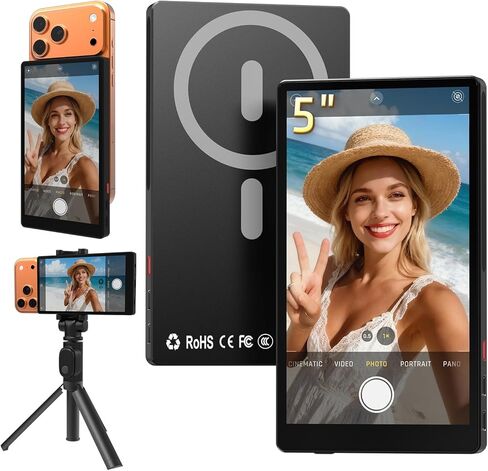 5" Vlog Selfie Monitor Screen, 4K, 60Hz, 1ms Response, 2600mAh Battery, 90feet Signal Range, Wireless Back Camera Monitor for iPhone & Android, Sync Rear Camera for Live Stream&TikTok in Saudi Arabia