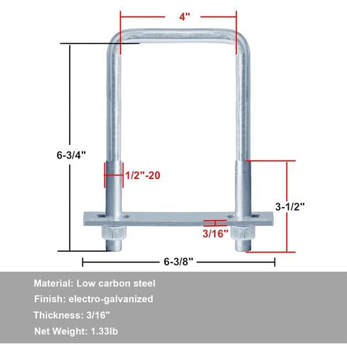 2 Pcs Square U-Bolt for Trailer, 1/2" x 4" x 6-3/4", Galvanized Steel in Saudi Arabia