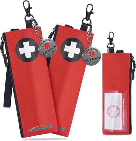 MEDMAX 2 Pack حقيبة حمل EpiPen نحيفة معزولة مع علامة تنبيه طبية، حقيبة طبية للطوارئ مع بطاقة معلومات، حامل Epipen مع مشبك سلسلة مفاتيح لأساسيات طب الحساسية والسكري، أحمر in Saudi Arabia