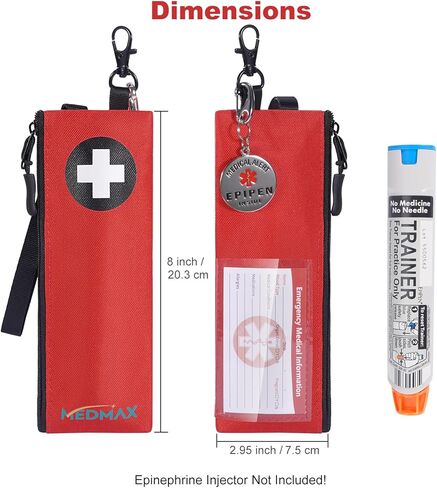 MEDMAX 2 Pack حقيبة حمل EpiPen نحيفة معزولة مع علامة تنبيه طبية، حقيبة طبية للطوارئ مع بطاقة معلومات، حامل Epipen مع مشبك سلسلة مفاتيح لأساسيات طب الحساسية والسكري، أحمر in Saudi Arabia