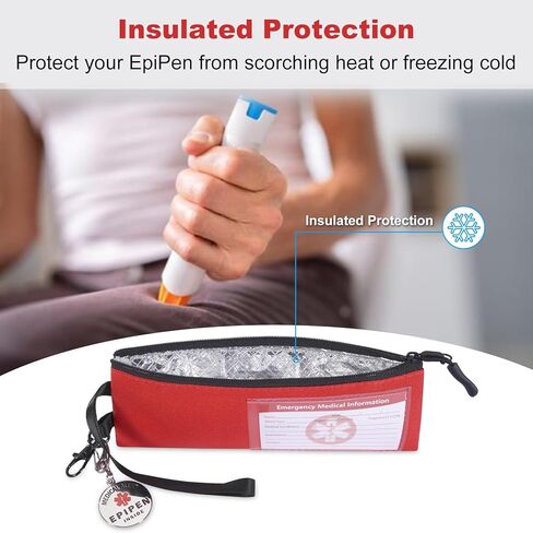 MEDMAX 2 Pack حقيبة حمل EpiPen نحيفة معزولة مع علامة تنبيه طبية، حقيبة طبية للطوارئ مع بطاقة معلومات، حامل Epipen مع مشبك سلسلة مفاتيح لأساسيات طب الحساسية والسكري، أحمر in Saudi Arabia