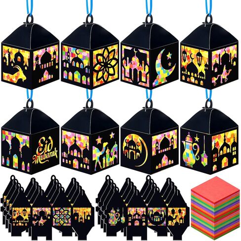 Gersoniel 24 Set Eid Mubarak Crafts Ramadan Suncatchers Tissue Paper Craft Kit DIY Lanterns Craft Ornaments Hanging Decorations for Eid Al-fitr Activities Party Decor Gifts Favors Supplies in Saudi Arabia