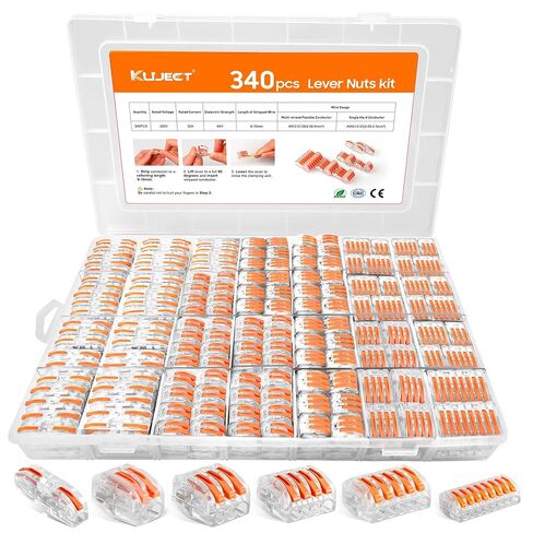 Kuject 340PCS Lever Wire Connectors Kit with 2/3/4/5/8 Conductor Combination, Electrical Lever Wire Connectors Push-in AWG 28-12, Wire Quick Connectors with 2 Circuit Inline Splices in Kuwait
