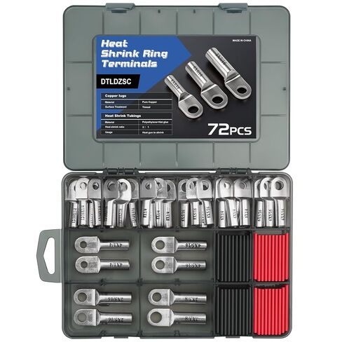 عروات الأسلاك النحاسية، موصلات أطراف كابل البطارية شديدة التحمل، AWG12-10 8 6 4 2 مقياس، 32 قطعة من أطراف الحلقة الكهربائية السميكة مع 40 قطعة 3:1 مجموعة متنوعة من أنابيب الانكماش الحراري (النحاس المعلب، 72 قطعة) in Kuwait