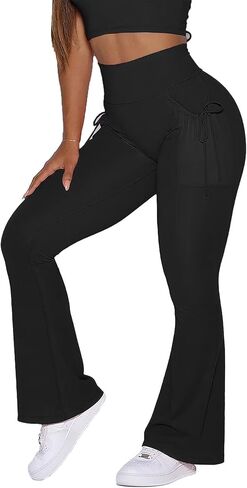Flamingals Flared Leggings for Women Hidden Scrunch High Waisted Butt Lifting Side Pockets with Tie Details 31" Yoga Pants in Saudi Arabia