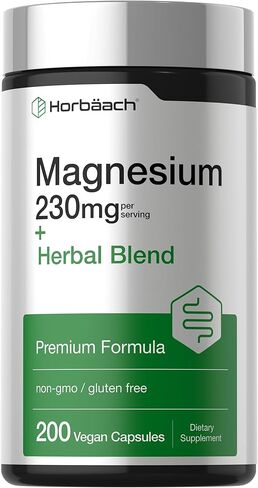 Horbaach Magnesium 230mg | Plus Herbal Blend | 200 Vegan Capsules | Gentle Cleanse | Non-GMO and Gluten Free Supplement in Saudi Arabia