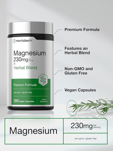 Horbaach Magnesium 230mg | Plus Herbal Blend | 200 Vegan Capsules | Gentle Cleanse | Non-GMO and Gluten Free Supplement in Saudi Arabia