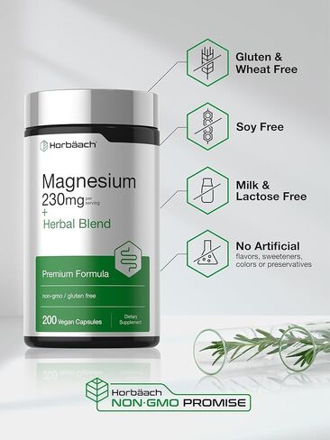 Horbaach Magnesium 230mg | Plus Herbal Blend | 200 Vegan Capsules | Gentle Cleanse | Non-GMO and Gluten Free Supplement in Saudi Arabia