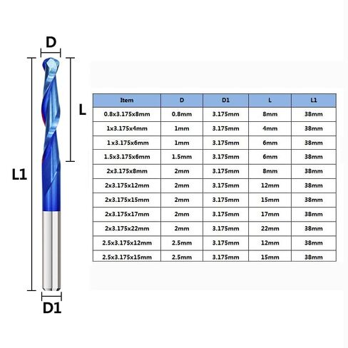 10pcs Ball Nose End Mill Solid Carbide CNC Router Bits 3.175 Shank Bit 0.8-2.5mm Diameter Nano Blue Coating Spiral Milling Cutter 2 Flute in Saudi Arabia