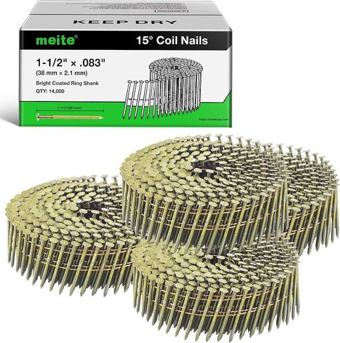 meite Siding Nails 15 Degree Coil Nails 1-3/4 Inch × .083 Inch Ring Shank Wire Collated Nails 14,000PCS, Full Round Head Bright Coated Siding Nails for Coil Nailer Sheathing Decking Fencing in Saudi Arabia