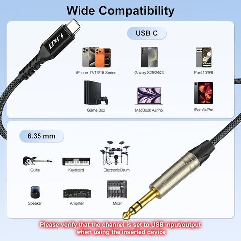 J&D USB C to 6.35 mm TRS Stereo Audio Cable, 2 in 1 Cord with Switch Button, Supports Recording and Playback, Compatible with iPhone 15/16, MacBook, iPad, Black, 6.6 Feet in Kuwait