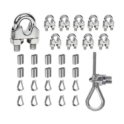 30 Pcs 1/4 Inch M6 Stainless Steel Wire Rope Clip Clamp, 10 for Each of The 3 Styles - Wire Rope Cable Clamp & Crimped Ring Sleeve & Thimble for 1/8"-1/4" Diameter Rigging Tent Rope Guardrail System in Kuwait