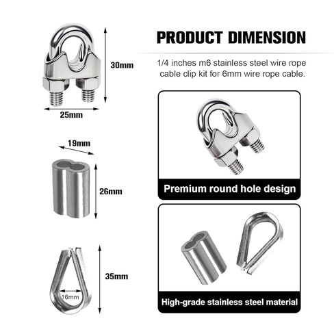 30 Pcs 1/4 Inch M6 Stainless Steel Wire Rope Clip Clamp, 10 for Each of The 3 Styles - Wire Rope Cable Clamp & Crimped Ring Sleeve & Thimble for 1/8"-1/4" Diameter Rigging Tent Rope Guardrail System in Kuwait