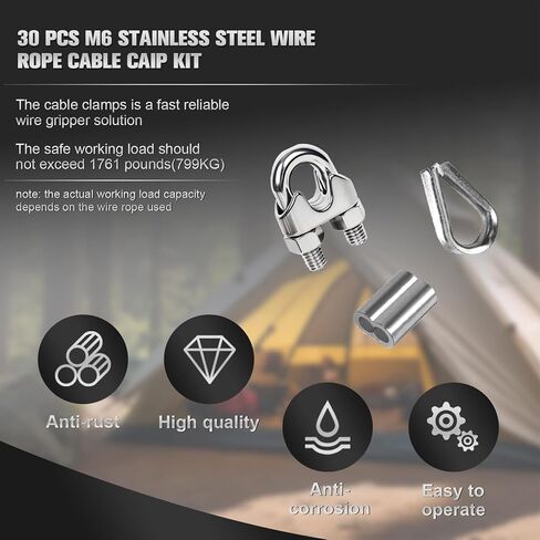 30 Pcs 1/4 Inch M6 Stainless Steel Wire Rope Clip Clamp, 10 for Each of The 3 Styles - Wire Rope Cable Clamp & Crimped Ring Sleeve & Thimble for 1/8"-1/4" Diameter Rigging Tent Rope Guardrail System in Kuwait