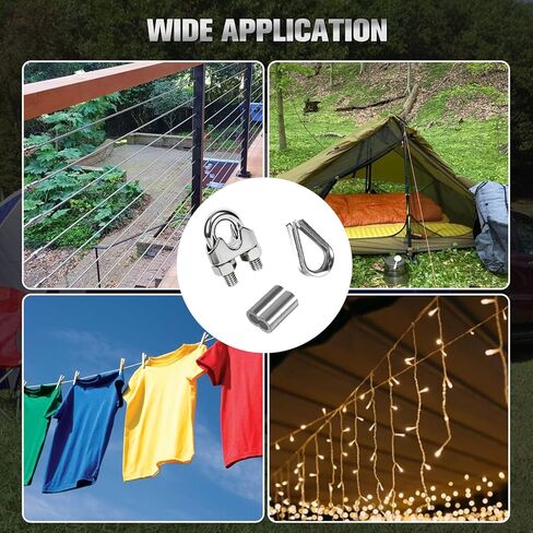 30 Pcs 1/4 Inch M6 Stainless Steel Wire Rope Clip Clamp, 10 for Each of The 3 Styles - Wire Rope Cable Clamp & Crimped Ring Sleeve & Thimble for 1/8"-1/4" Diameter Rigging Tent Rope Guardrail System in Kuwait