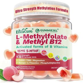 L-Methylfolate 15mg & 2,000 mcg Methyl B12 Gummies, Extra Strength Methylation Support for Women and Men, Active 5-MTHF with CoQ10, Magnesium, TMG, L-Theanine, B1 B2 B6 B9 for Cognitive, Energy,60Cts in Kuwait
