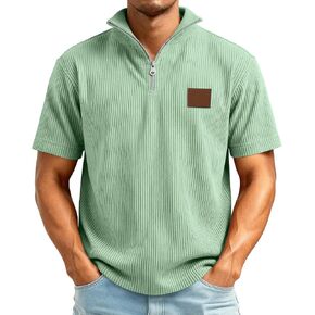 Polo Shirts for Men Short Sleeve Shirts Loose Fit Linen Corduroy Henley 1/4 Zip Lightweight Breathable Casual Tops in Kuwait