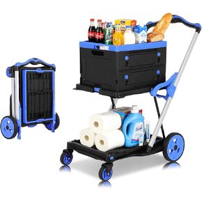 FAHKNS Shopping Cart with 2 Storage Crates: Multi Use 2 Tier Collapsible Cart with 360° Rolling Swivel Wheels Heavy Duty Folding Trolley for Shopping, Office, Grocery in Kuwait