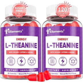 Vegan L-Theanine Gummies 200mg with Caffeine(100mg), Korean Red Ginseng & Ginkgo Biloba- Brain Supplement for Focus, Memory & Energy, Sugar-Free, No Jitters, 120 Counts in Kuwait