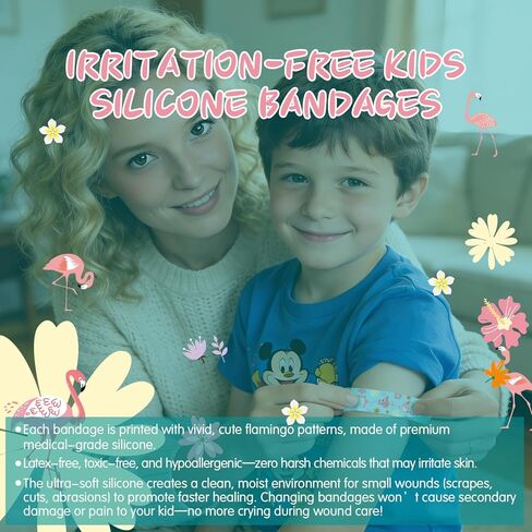 ضمادات لاصقة من السيليكون للأطفال من Hysimedy للبشرة الحساسة مقاومة للماء وغير سامة وخالية من اللاتكس ومضادة للحساسية، ضمادات صغيرة للفتيات والأولاد الصغار والجروح والخدوش بنمط الفلامنغو 36 قيراط 3/4 بوصة × 3 بوصة in Kuwait